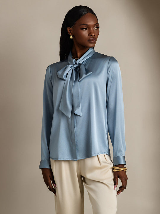Heidi-Mode | Damen Elegante Seidenbluse mit Schlipskragen und Langen Ärmeln