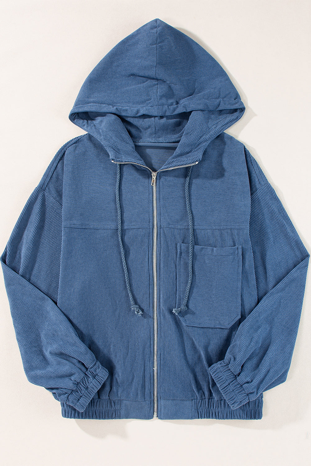Blaugrüne Cordjacke Mit Kordelzug Und Kapuze Und Reißverschluss