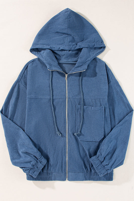 Blaugrüne Cordjacke Mit Kordelzug Und Kapuze Und Reißverschluss