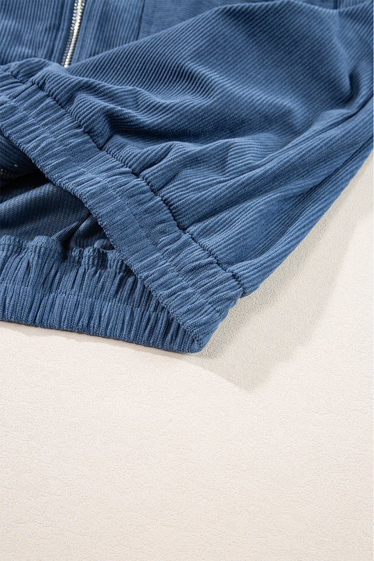 Blaugrüne Cordjacke Mit Kordelzug Und Kapuze Und Reißverschluss