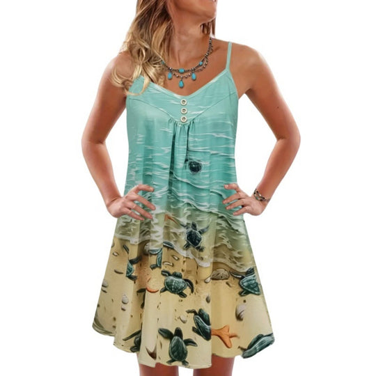 Heidi Mode | Bedrucktes lockeres Strandkleid mit ärmellosen Trägern