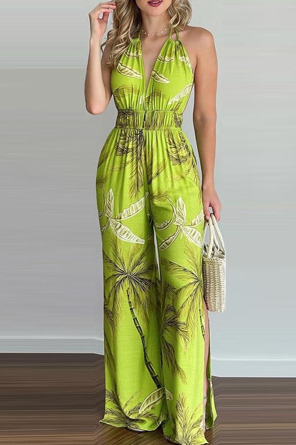 Heidi-Mode | Carneros Floral Print Halter Breite Beine Jumpsuit