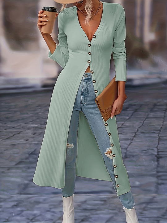 Heidi-Mode | Langer Cardigan - Knopf-Front V-Ausschnitt - Enganliegende Strick - Knielanges Lagenstück