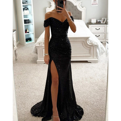 Heidi-Mode | Abendkleid Damen Schulterfreies Glitzer Maxikleid mit Schlitz für Hochzeit & Fest