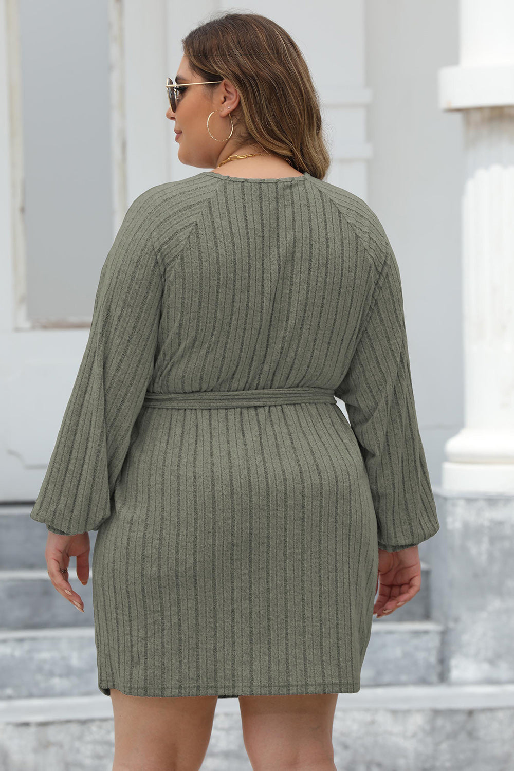 Heidi-Mode | Plus Size Rippstrick Knotenfront Langarm Pullover Kleid