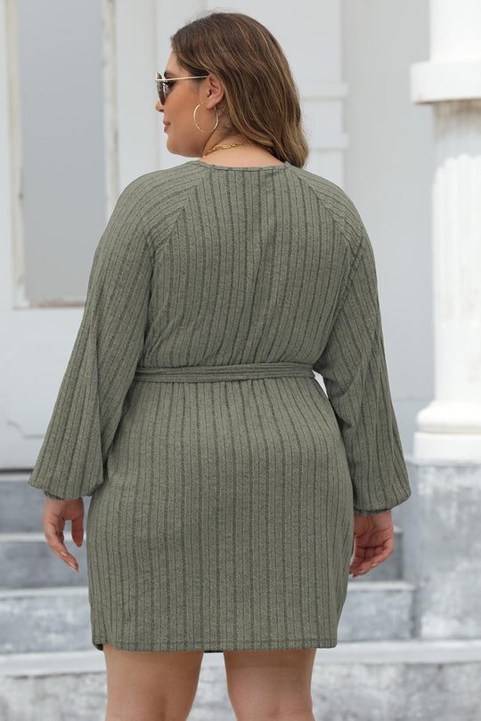 Heidi-Mode | Plus Size Rippstrick Knotenfront Langarm Pullover Kleid
