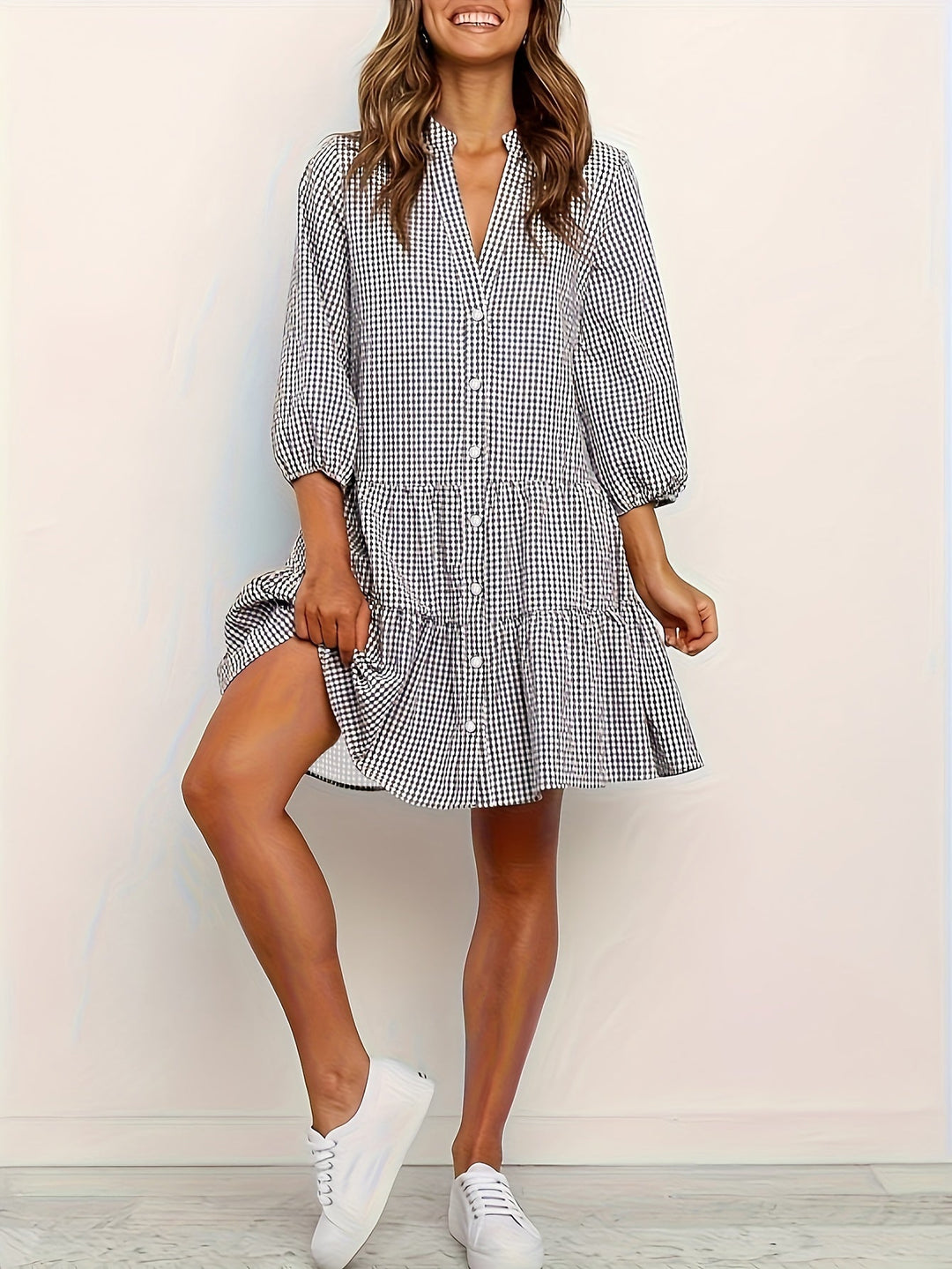 Heidi-Mode | Gingham Knopf-Up Lagenkleid