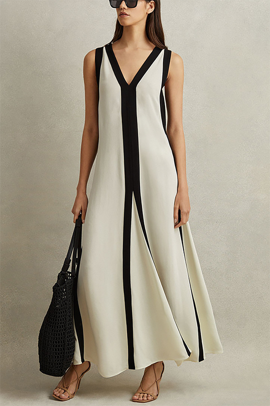 Heidi-Mode | Deep V Neck Rückenfreies Colorblock Maxi Tankkleider-Beige