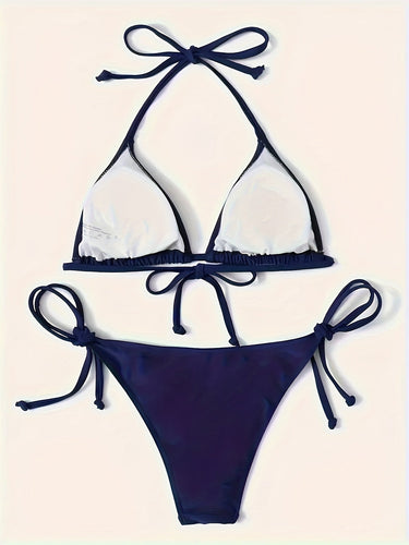 Heidi-Mode | Dunkelblaues Sexy Bikini Satz mit Halter V-Ausschnitt und Nacktem Rücken