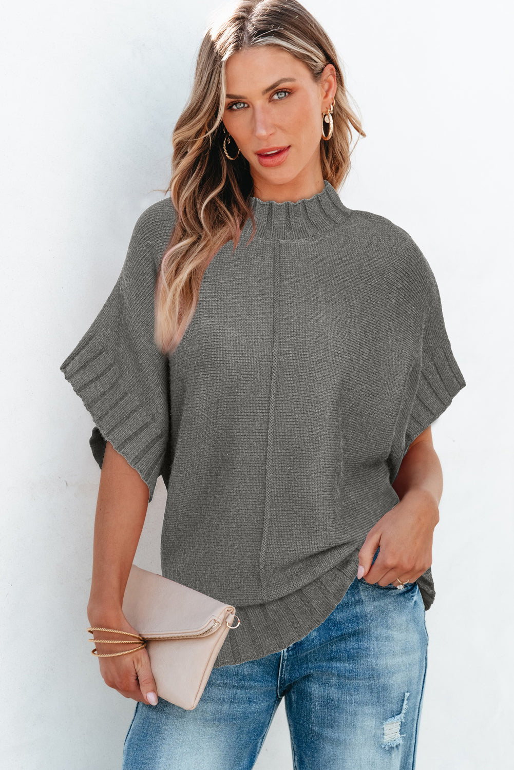 Grey Mock Neck Batwing Kurzarm-Strickpullover