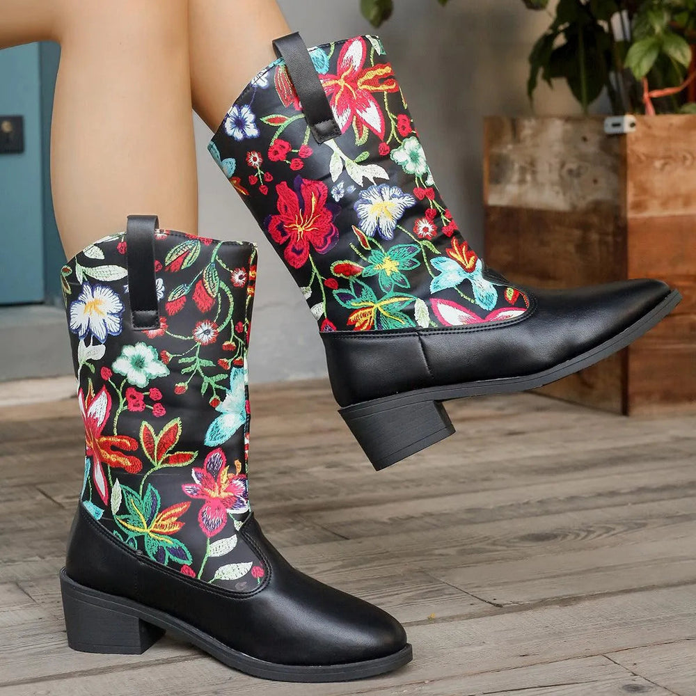 Heidi-Mode | Mittelhoch Stiefel mit gestickten Blumen und runder Spitze
