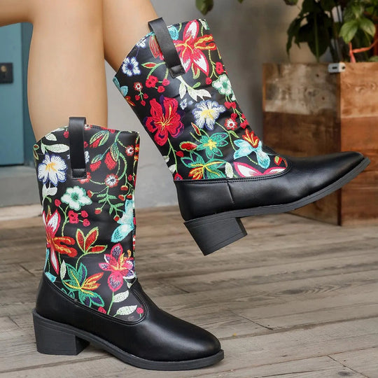 Heidi-Mode | Mittelhoch Stiefel mit gestickten Blumen und runder Spitze