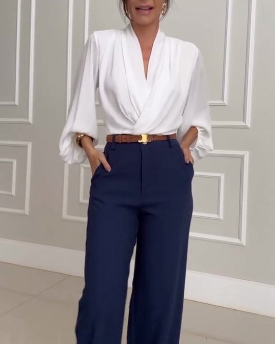 Heidi-Mode | Stilvolle weiße Bluse mit Lampionärmeln und V-Ausschnitt