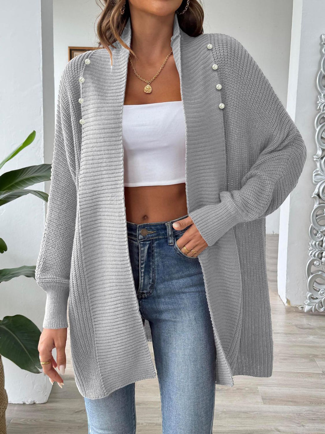 Heidi-Mode | Elegante, lockere Strickjacke mit langen Ärmeln und offener Vorderseite