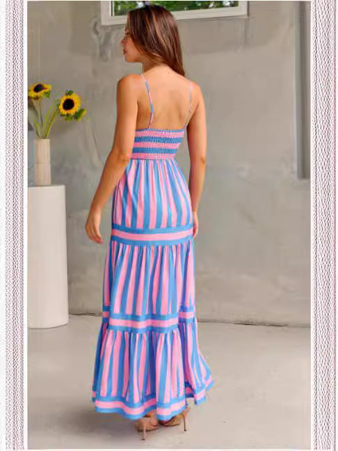 Heidi-Mode | Charlotte Sommerstreifen Gedruckt Träger Lange Kleid mit Taschen, Mode Rechteckiger Ausschnitt, Rückenfreie Kleider für Strandurlaub Damen Kleidung