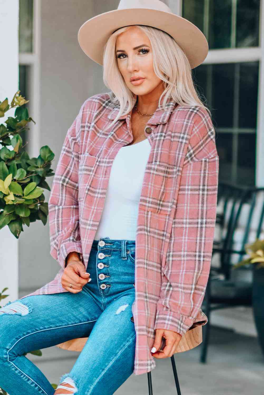 Heidi-Mode | Karo Kurviger Saum Fallende Schulter Langarmhemd Jacke