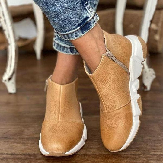 Heidi-Mode | Flache Vegane Leder Stiefeletten mit Reißverschluss für Frauen