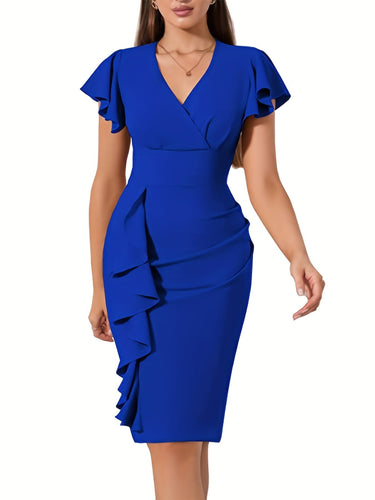 Heidi-Mode | Lässiges Baumwollkleid mit Rüschen Saum, V-Ausschnitt und Kurzen Ärmeln für Damen Ideal für Den Sommer