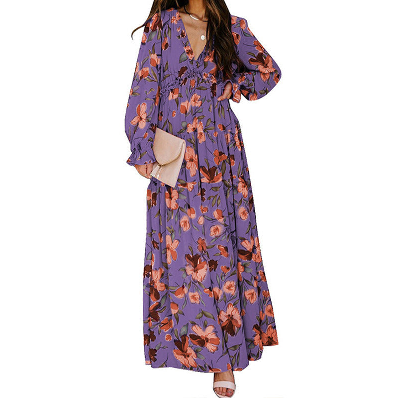 Heidi-Mode | Druck Kleid mit Langen Ärmeln und V-Ausschnitt