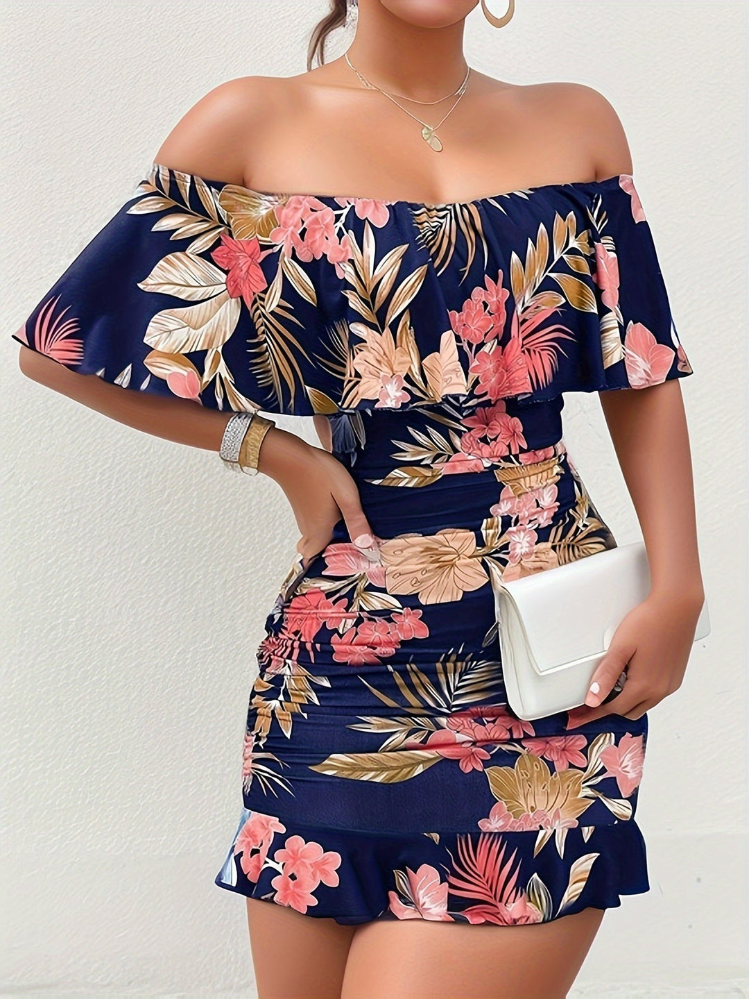 Heidi-Mode | Schulter Kleid mit Blumen Sexy Bodycon mit Raffung für Frühling und Sommer