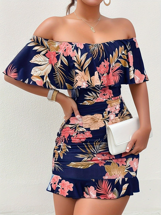 Heidi-Mode | Schulter Kleid mit Blumen Sexy Bodycon mit Raffung für Frühling und Sommer