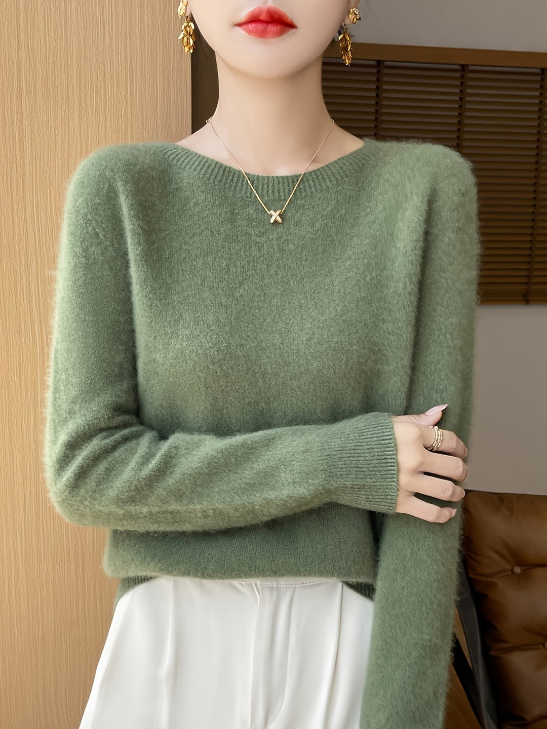 Heidi-Mode | Wolle Shearling Pullover Kleid mit Rundhalsausschnitt und Mittlerem Stretch für Frauen