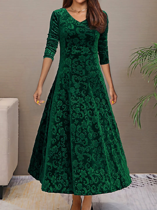 Heidi-Mode | Stilvolles Samtkleid mit Blumenmuster, V-Ausschnitt und Langen Ärmeln für Damen Ideal für Den Sommer