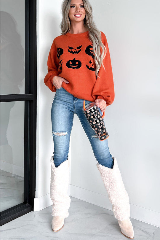 Halloween Kürbis Gesicht Muster Drop Shoulder Pullover