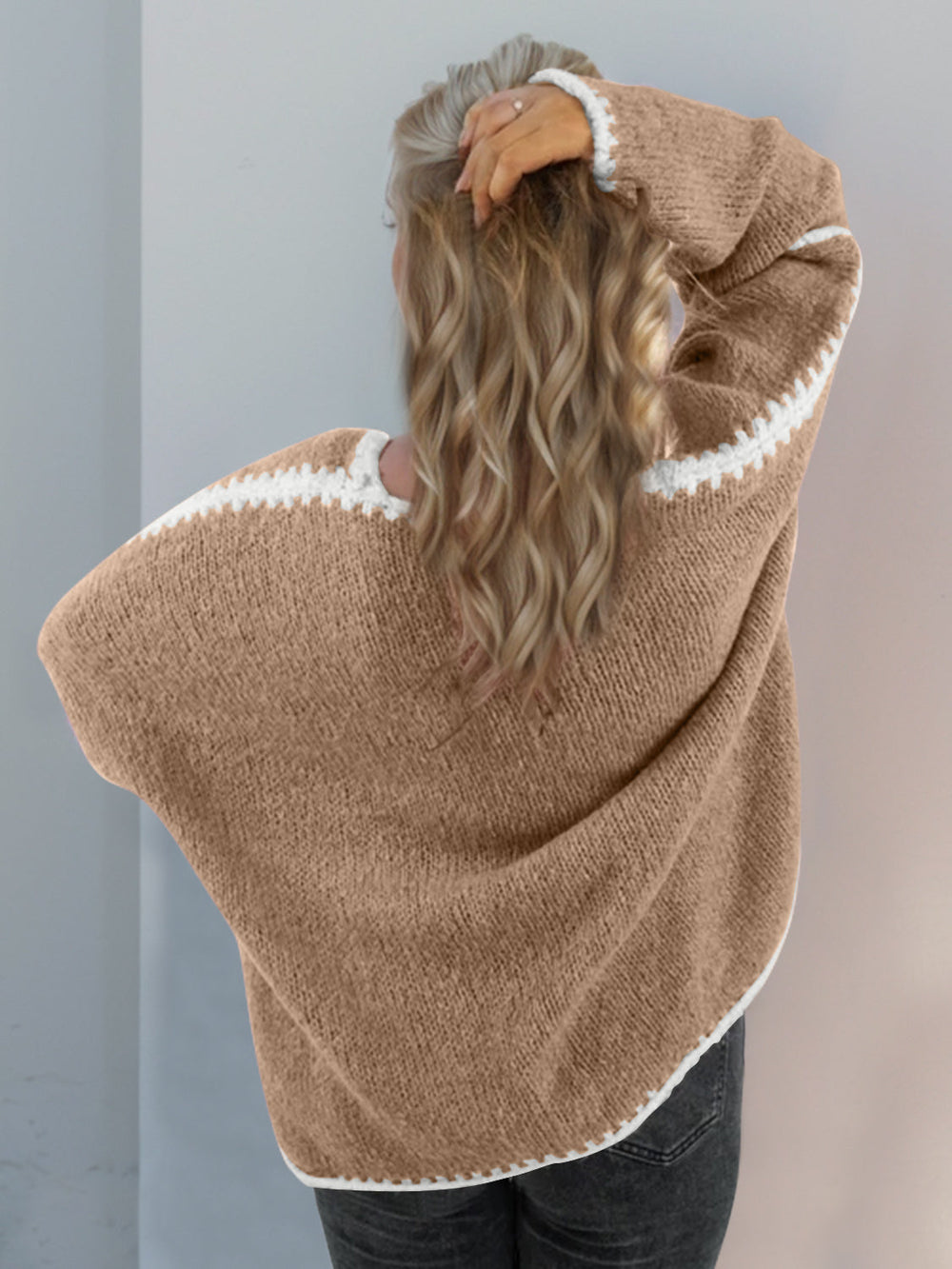 Heidi-Mode | Double Take Kontrast Offene Vorderseite Herunterfallende Schulter Strickjacke