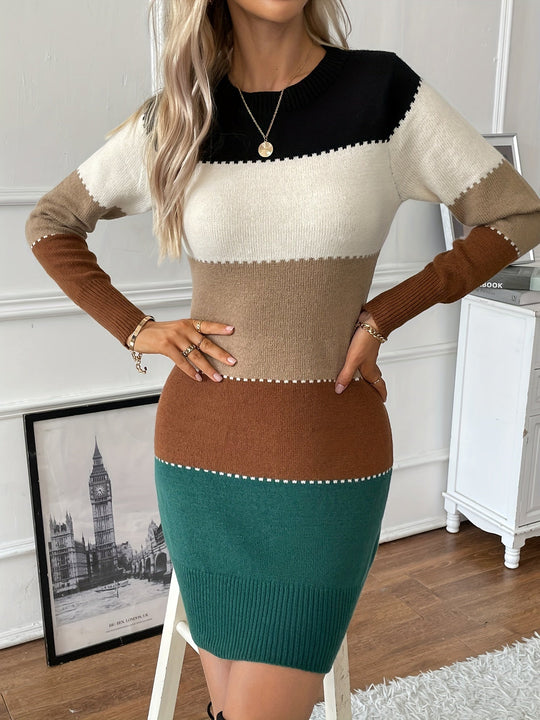 Heidi-Mode | Stilvolles Baumwollkleid mit Farbblock Design, Langen Ärmeln und Rundhalsausschnitt für Damen Ideal für Den Sommer