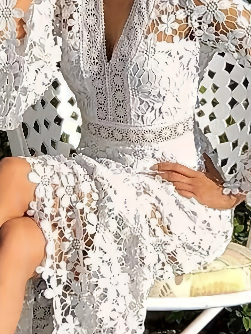 Heidi-Mode | Baumwolle Guipure Spitze V-Ausschnitt Lange Ärmel Schürzen Cocktail Festliches Kleid Für Frauen - Ideal Für Alle Jahreszeiten