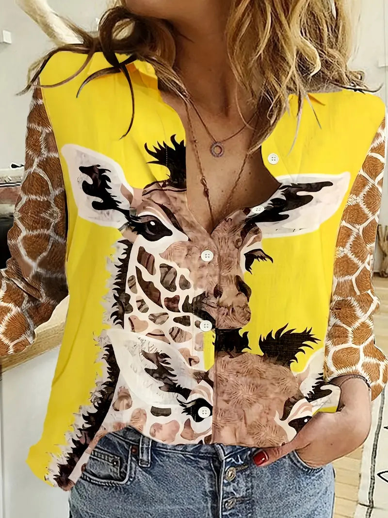 Heidi-Mode | Damenbluse mit Langen Ärmeln Giraffenmuster, Geschlossen mit Knöpfen