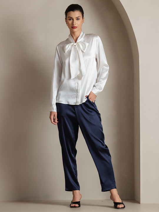 Heidi-Mode | Damen Elegante Seidenbluse mit Schlipskragen und Langen Ärmeln