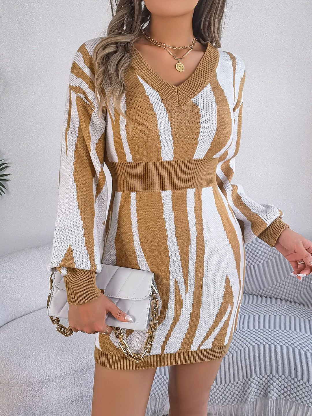 Heidi-Mode | Rüschen Druck V-Ausschnitt Langarm Pullover Kleid