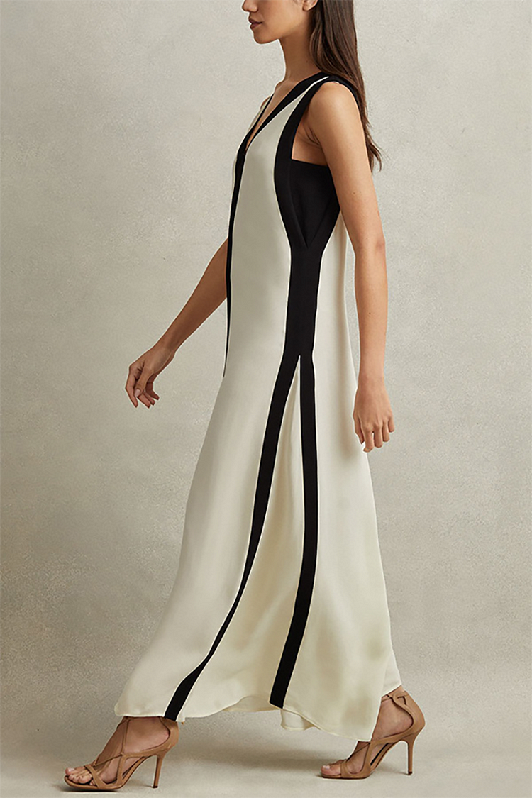 Heidi-Mode | Deep V Neck Rückenfreies Colorblock Maxi Tankkleider-Beige