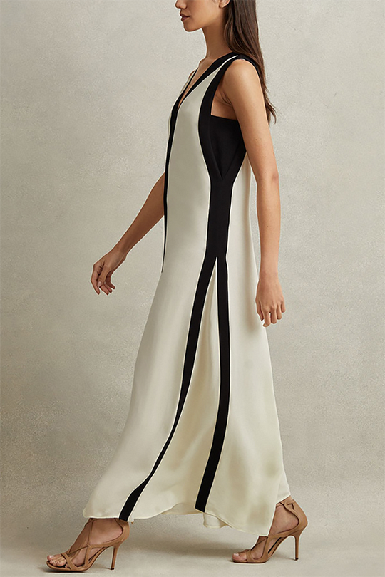 Heidi-Mode | Deep V Neck Rückenfreies Colorblock Maxi Tankkleider-Beige