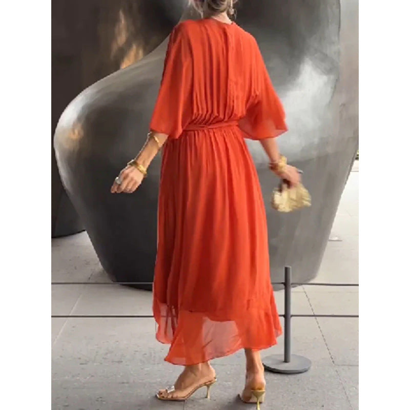 Heidi-Mode | V-Ausschnitt Sommerkleid mit Fledermausärmeln Im Unifarben Design