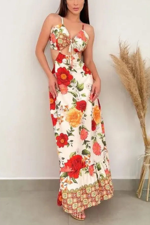 Heidi-Mode | Monet Blooming Rose Tie Back Cut-Out Maxi Kleid