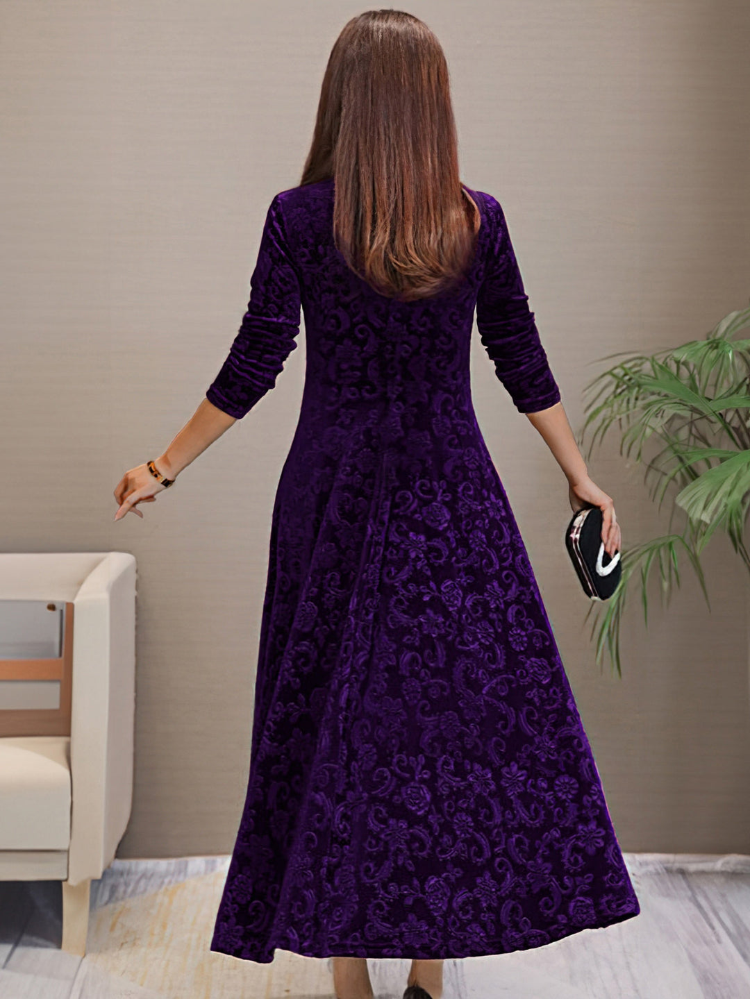 Heidi-Mode | Stilvolles Samtkleid mit Blumenmuster, V-Ausschnitt und Langen Ärmeln für Damen Ideal für Den Sommer