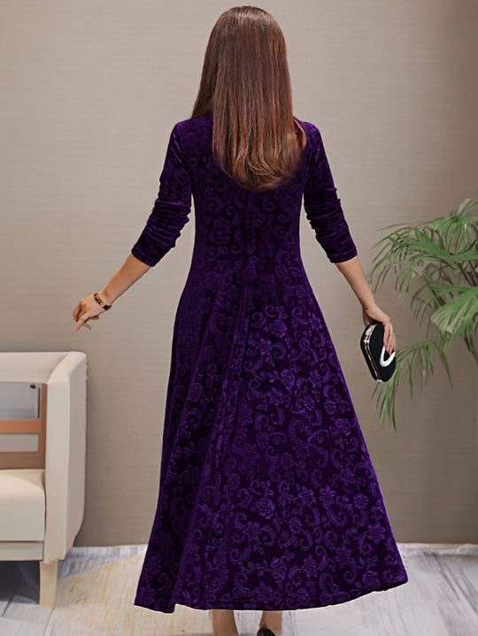 Heidi-Mode | Stilvolles Samtkleid mit Blumenmuster, V-Ausschnitt und Langen Ärmeln für Damen Ideal für Den Sommer