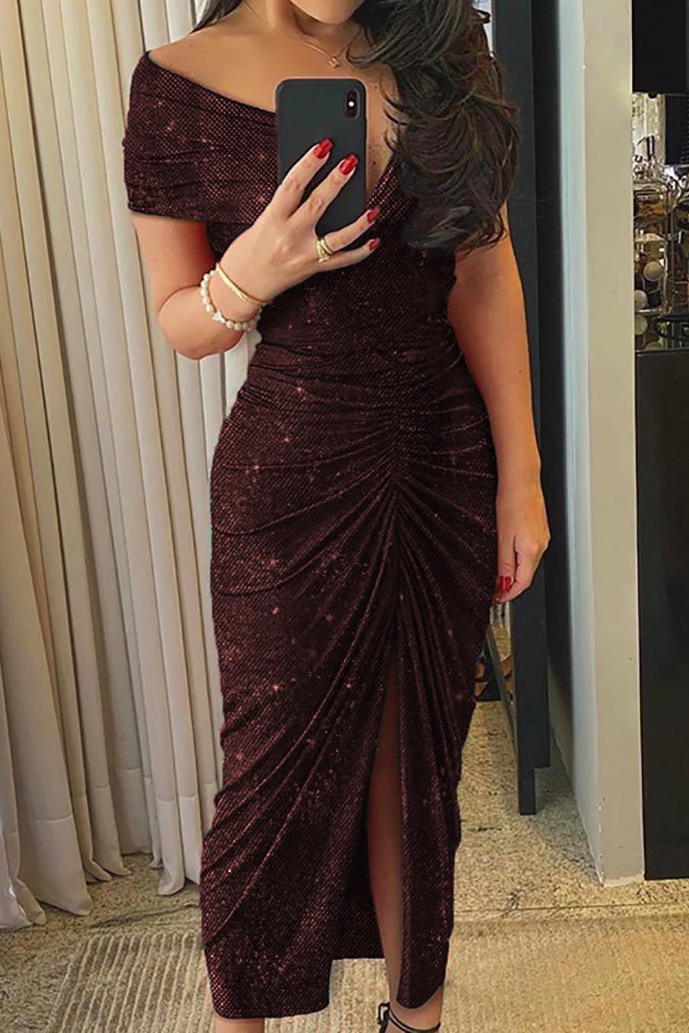 Heidi-Mode | Schlicht Enganliegendes Kleid mit V-Ausschnitt, Eleganten Puffärmeln und Drapierter Front
