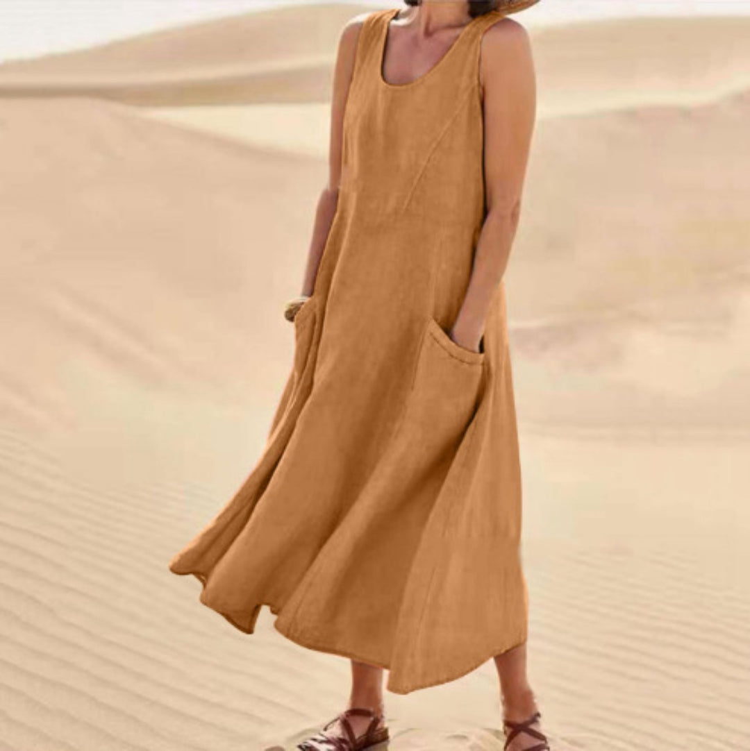 Heidi Mode | Ärmelloses Kleid aus Baumwolle und Leinen mit Rundhalsausschnitt und Tasche