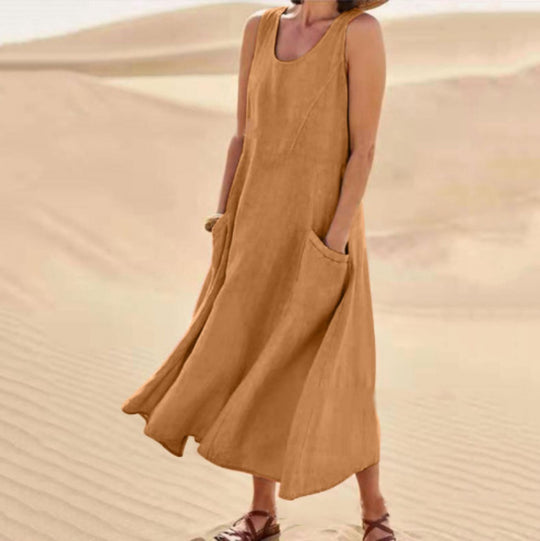Heidi Mode | Ärmelloses Kleid aus Baumwolle und Leinen mit Rundhalsausschnitt und Tasche