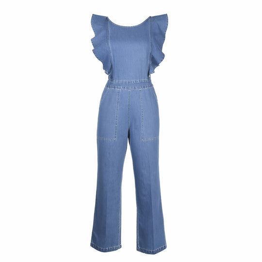 Denim-Jumpsuit mit Rüschen und Schnürung