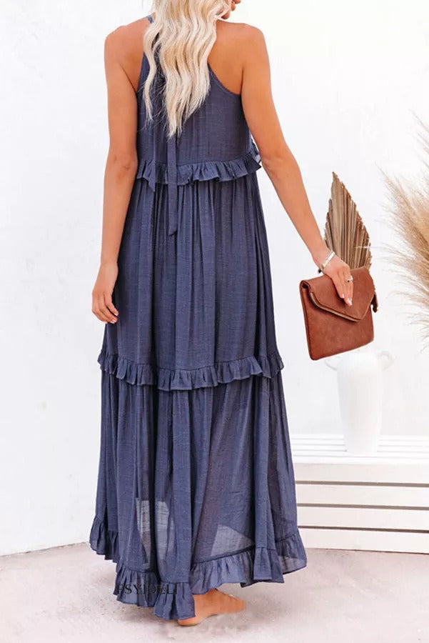 Heidi-Mode | Vittoria Raffung Rüsche Schichten Maxi Halter Kleid