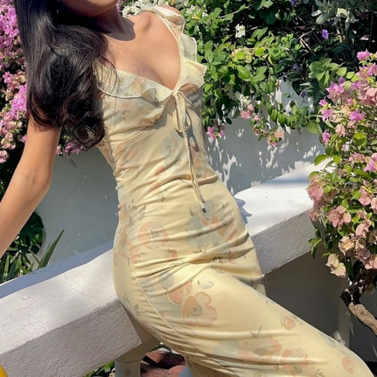 Heidi Mode | Vintage bedrucktes schmal geschnittenes Strapskleid