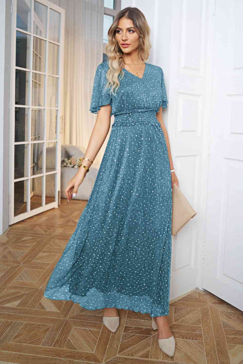 Heidi-Mode | V-Ausschnitt Hohe Spalte Glitzer Maxi Kleid