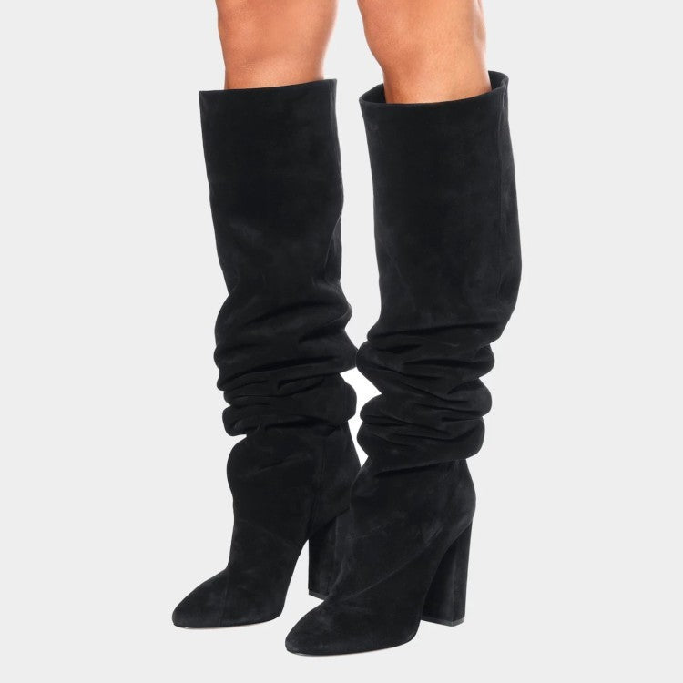 Heidi-Mode | Damen Matte Über Das Knie Dicke Absatz Hohe Stiefel Plissierte Stiefel