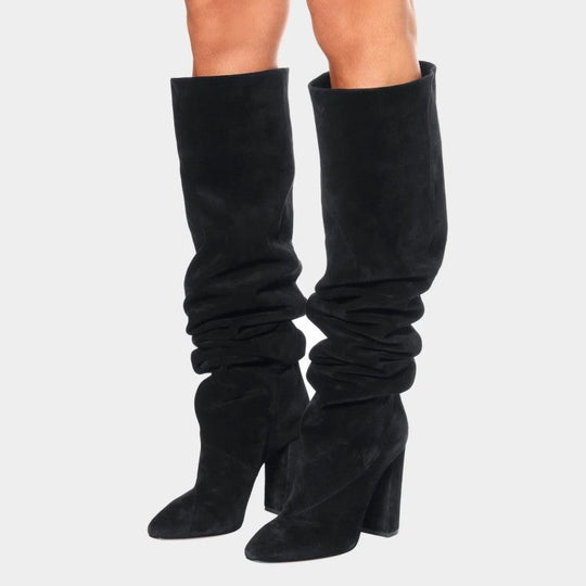 Heidi-Mode | Damen Matte Über Das Knie Dicke Absatz Hohe Stiefel Plissierte Stiefel