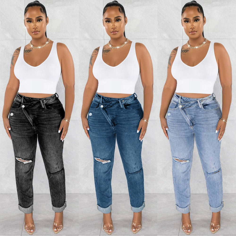 Heidi-Mode | Jeans Damen Ripped Diagonal Buckle Stretch Jeans